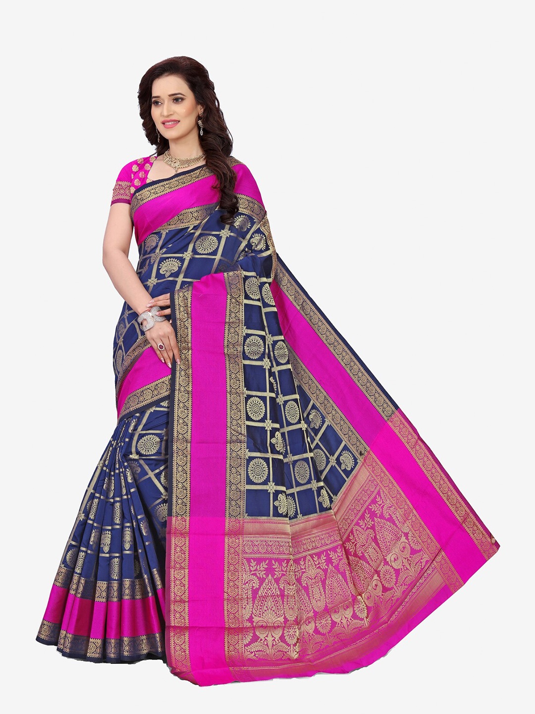 

Indian Fashionista Navy Blue & Pink Floral Zari Art Silk Banarasi Saree