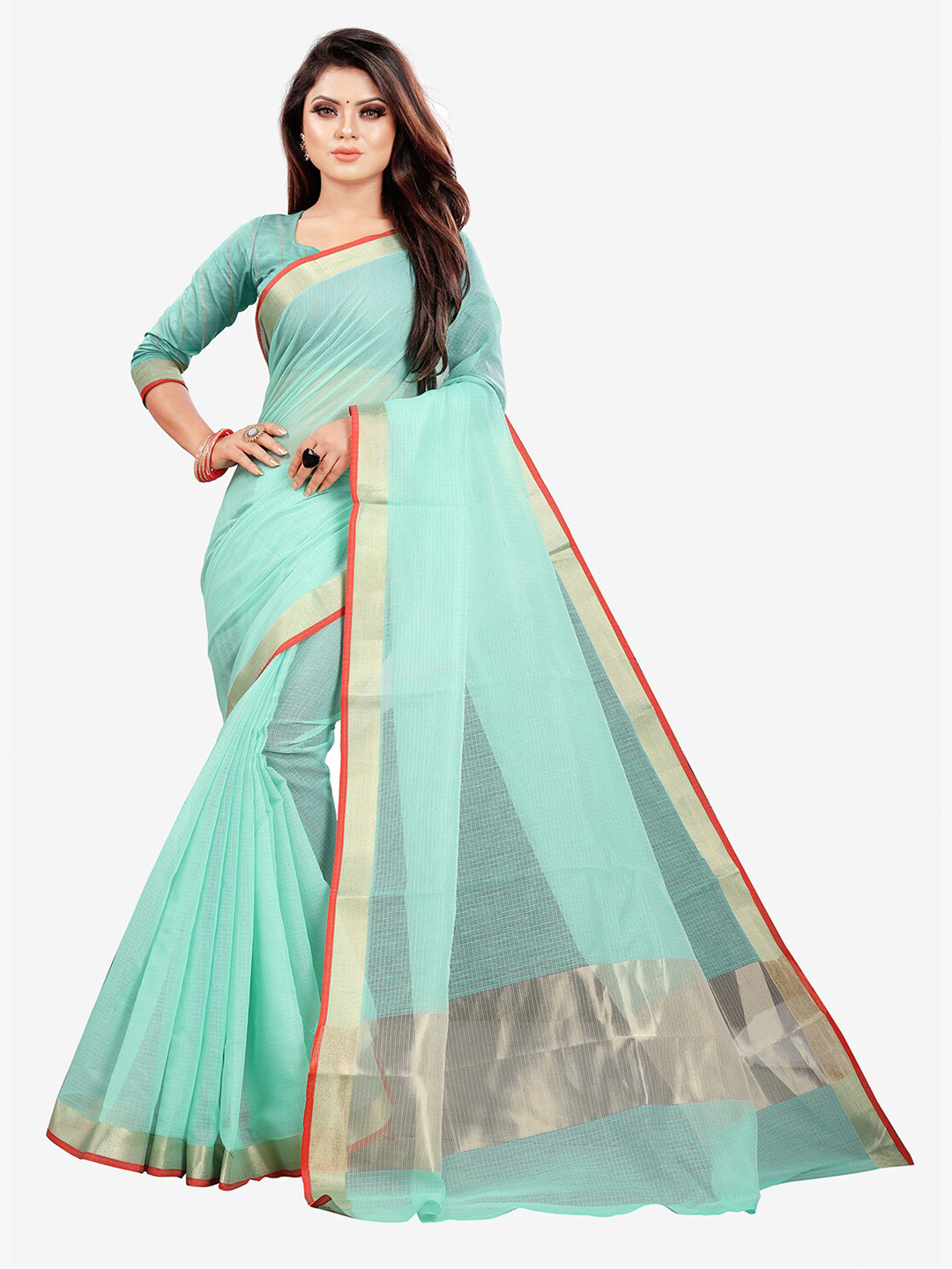 

Indian Fashionista Women Turquoise Blue & Gold-Toned Silk Cotton Gadwal Saree