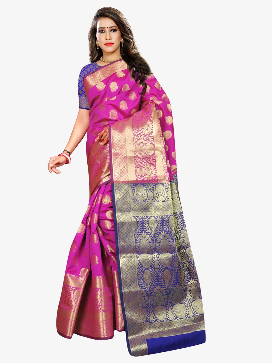 

Indian Fashionista Pink & Navy Blue Ethnic Motifs Zari Art Silk Banarasi Saree