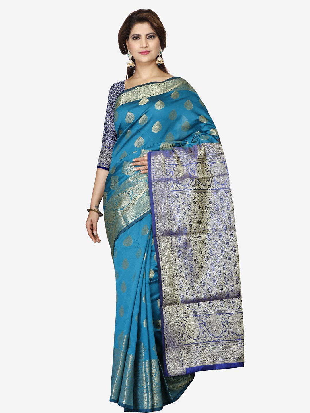 

Indian Fashionista Green & Gold-Toned Floral Zari Art Silk Banarasi Saree