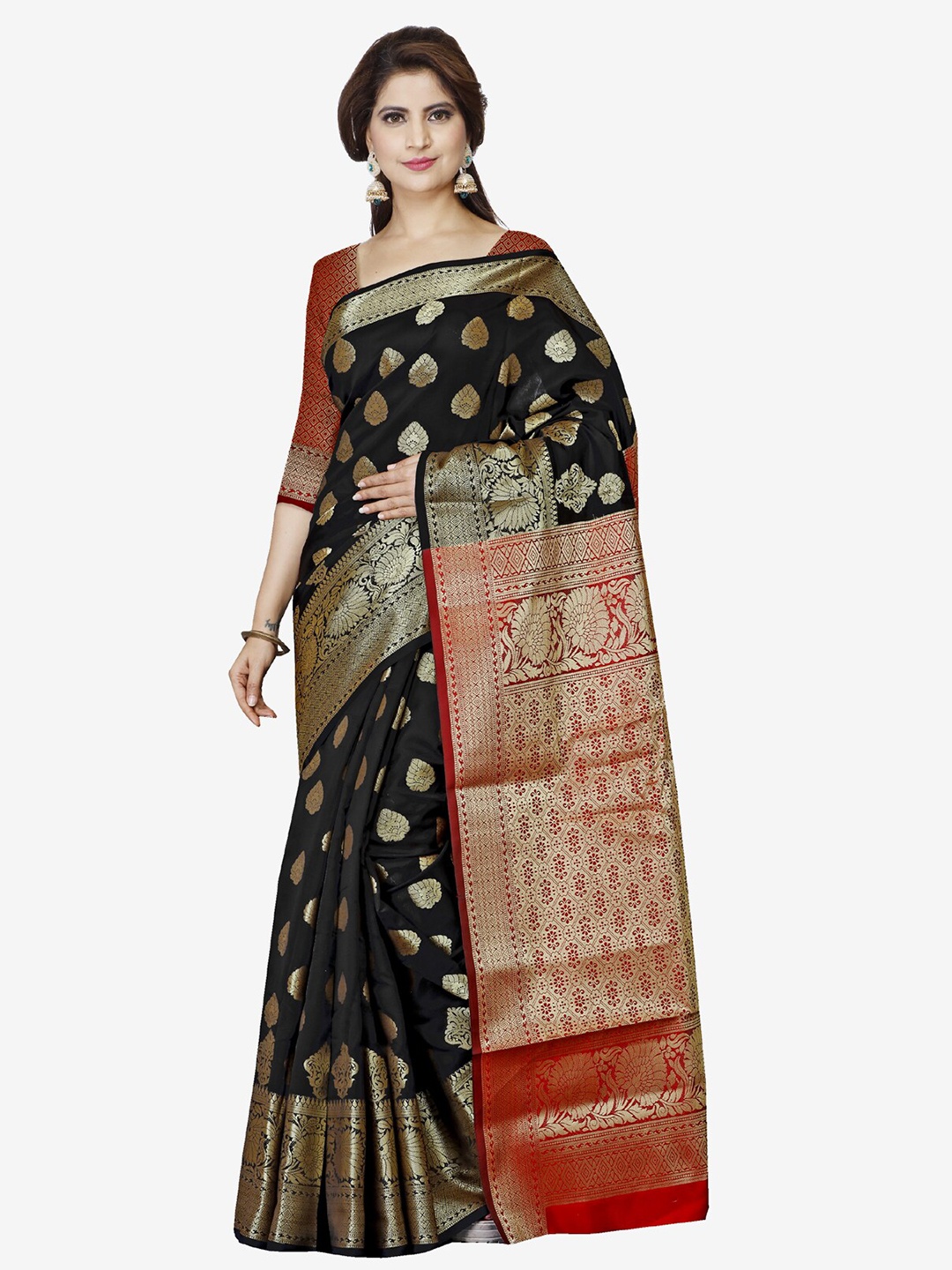 

Indian Fashionista Black & Red Ethnic Motifs Zari Art Silk Maheshwari Saree