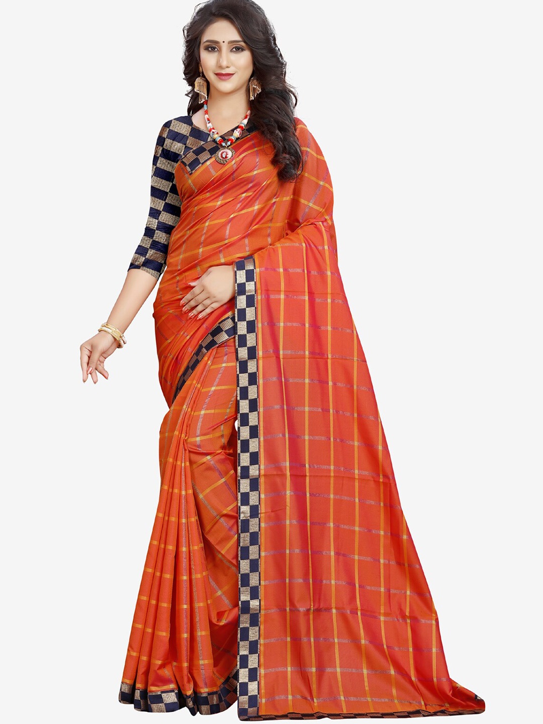 

Indian Fashionista Orange & Yellow Checked Zari Lace Mysore Silk Saree