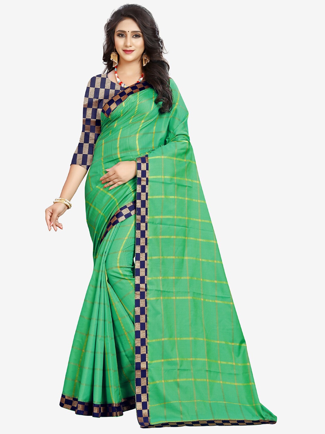

Indian Fashionista Green & Navy Blue Checked Silk Cotton Saree