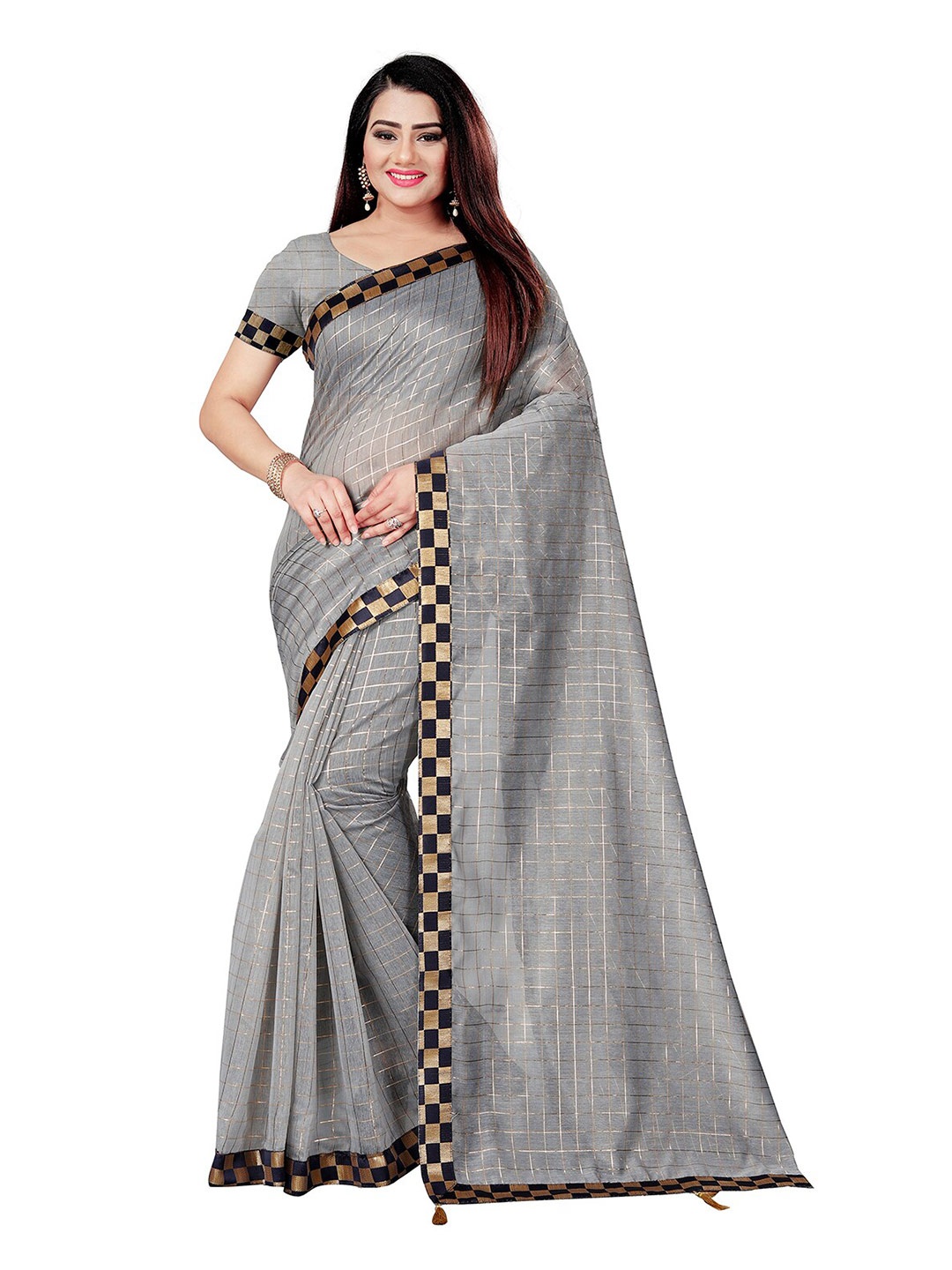 

Indian Fashionista Silver-Toned & Gold-Toned Checked Zari Lace Mysore Silk Saree