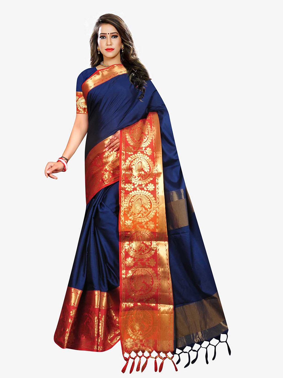 

Indian Fashionista Navy Blue & Red Woven Design Zari Art Silk Baluchari Saree