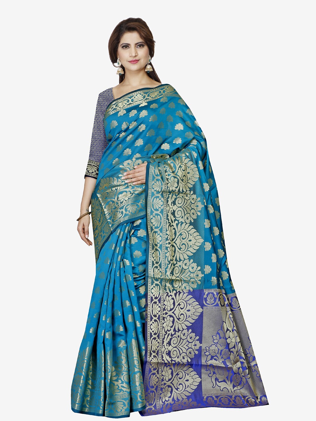 Indian Fashionista Green & Blue Woven Design Zari Art Silk Banarasi Saree