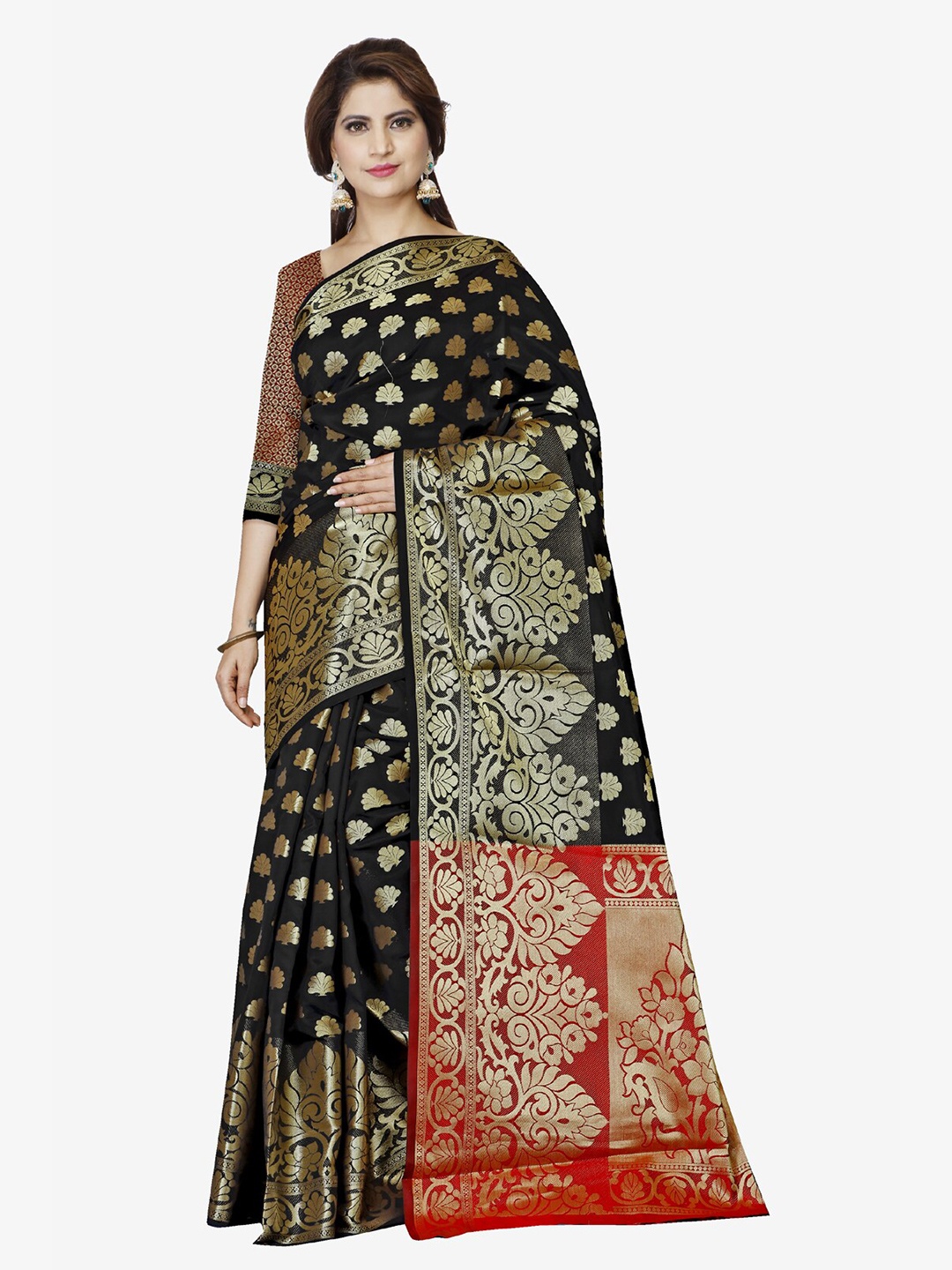 

Indian Fashionista Black & Orange Woven Design Zari Art Silk Banarasi Saree