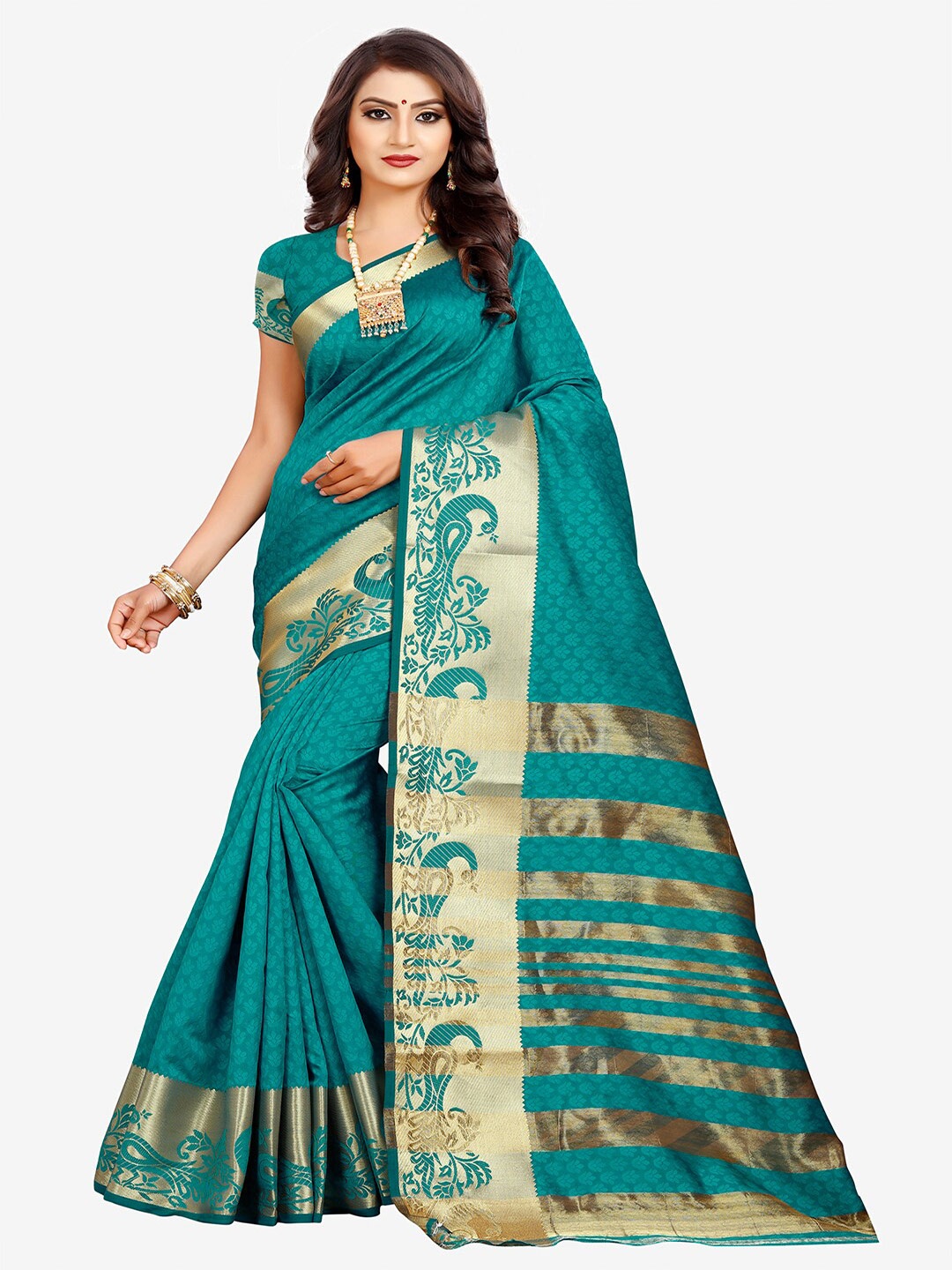 

Indian Fashionista Sea Green & Gold-Toned Woven Design Zari Art Silk Kasavu Saree