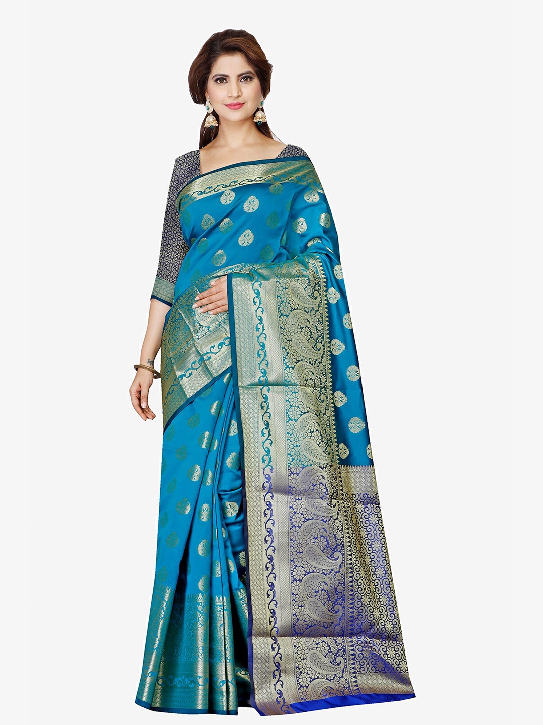 

Indian Fashionista Green & Blue Woven Design Zari Art Silk Banarasi Saree