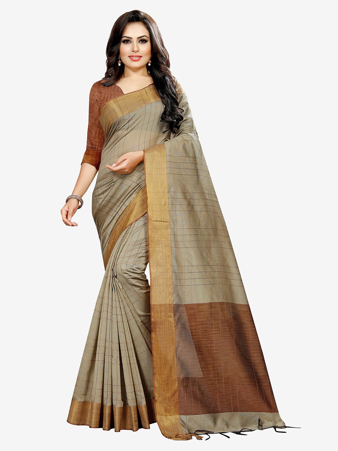 

Indian Fashionista Brown & Beige Checked Silk Cotton Saree