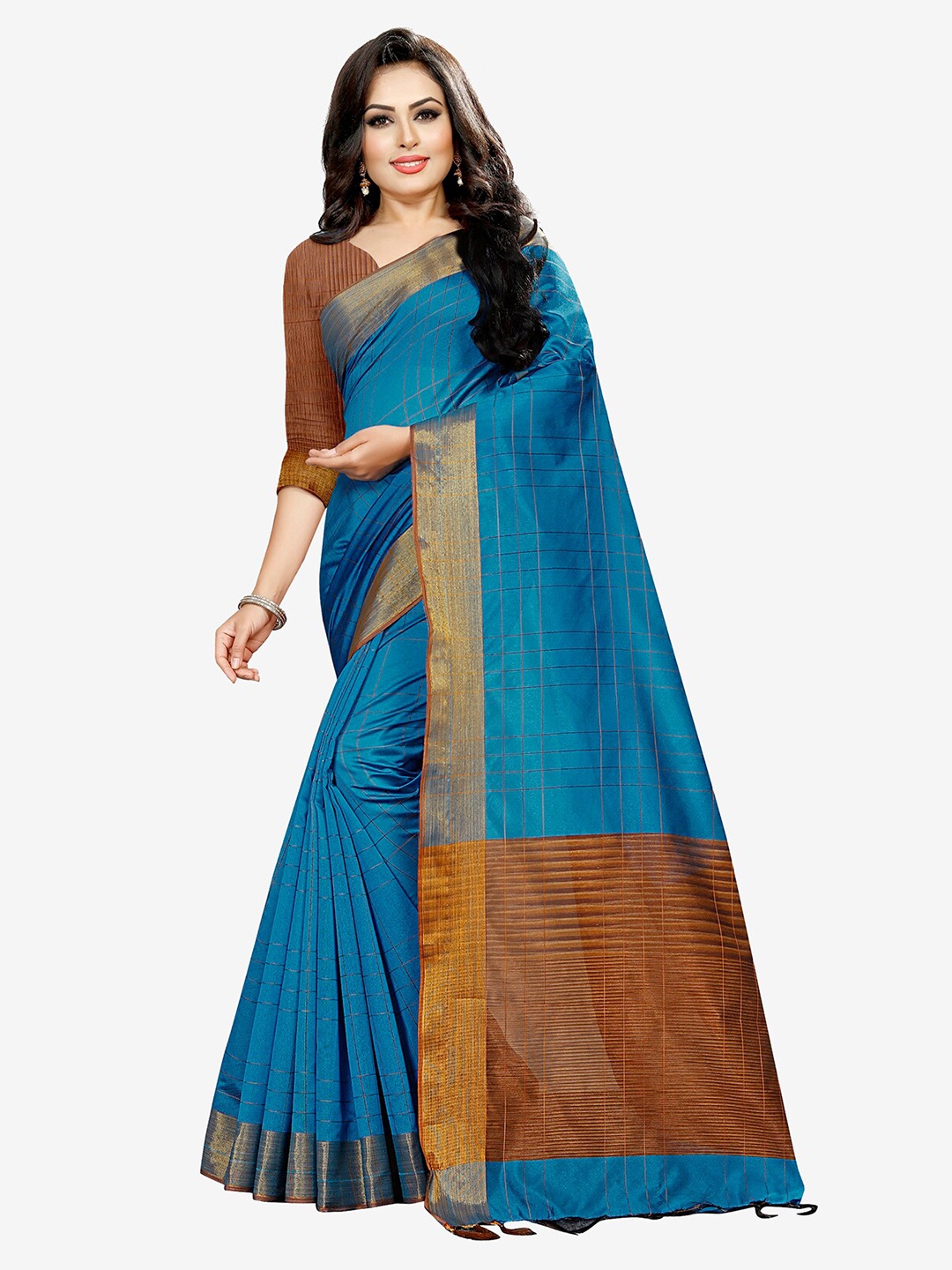 

Indian Fashionista Turquoise Blue & Brown Zari Silk Cotton Mysore Silk Saree