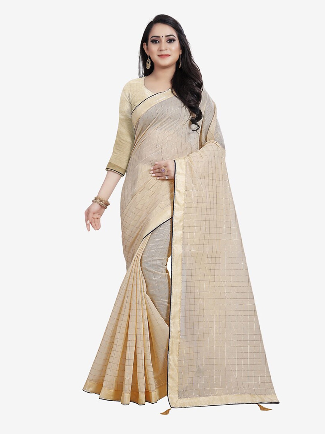 

Indian Fashionista Cream-Coloured & Silver-Toned Checked Lace Khadi Saree