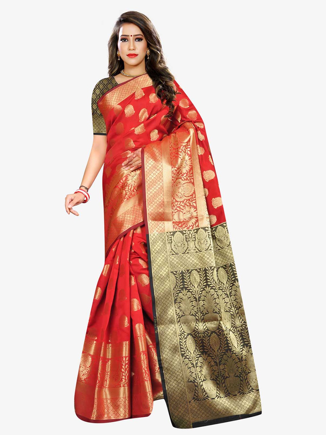 

Indian Fashionista Red & Gold-Toned Ethnic Motifs Zari Art Silk Banarasi Saree