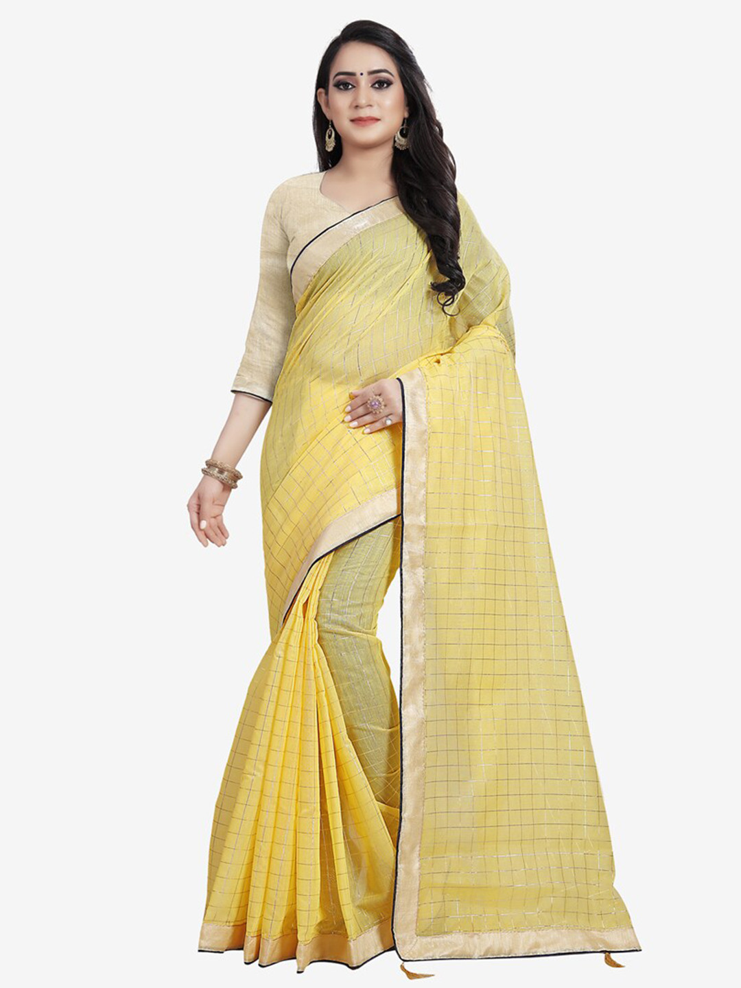 

Indian Fashionista Yellow & Gold-Toned Checked Lace Saree