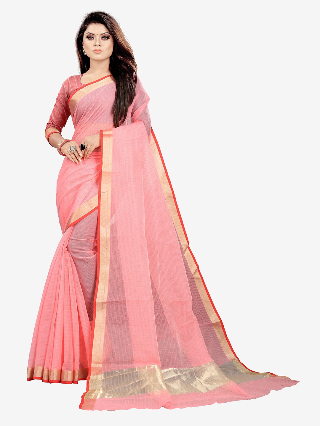 

Indian Fashionista Pink & Orange Kalamkari Zari Silk Cotton Gadwal Saree