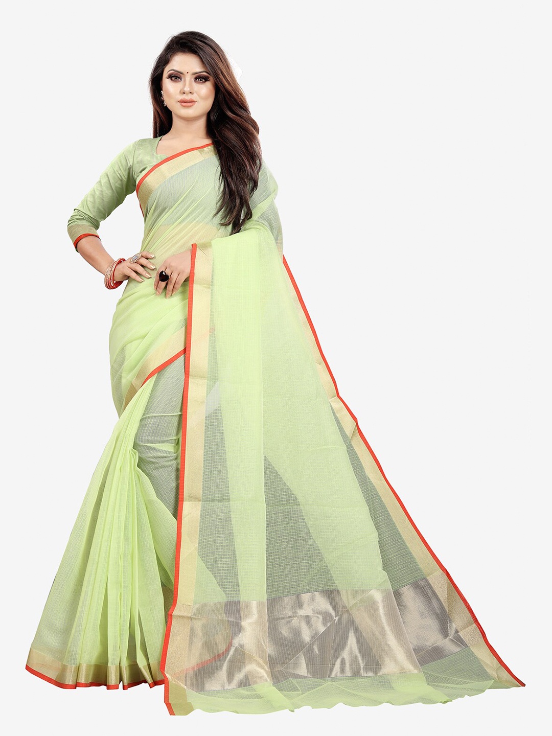 

Indian Fashionista Green & Red Zari Silk Cotton Gadwal Saree