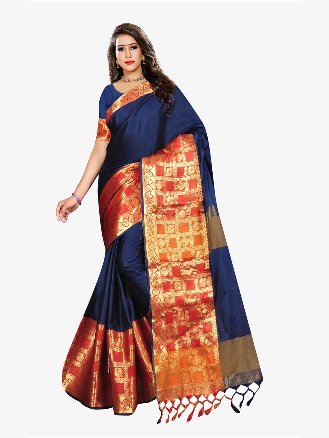 

Indian Fashionista Navy Blue & Orange Ethnic Motifs Zari Art Silk Kasavu Saree