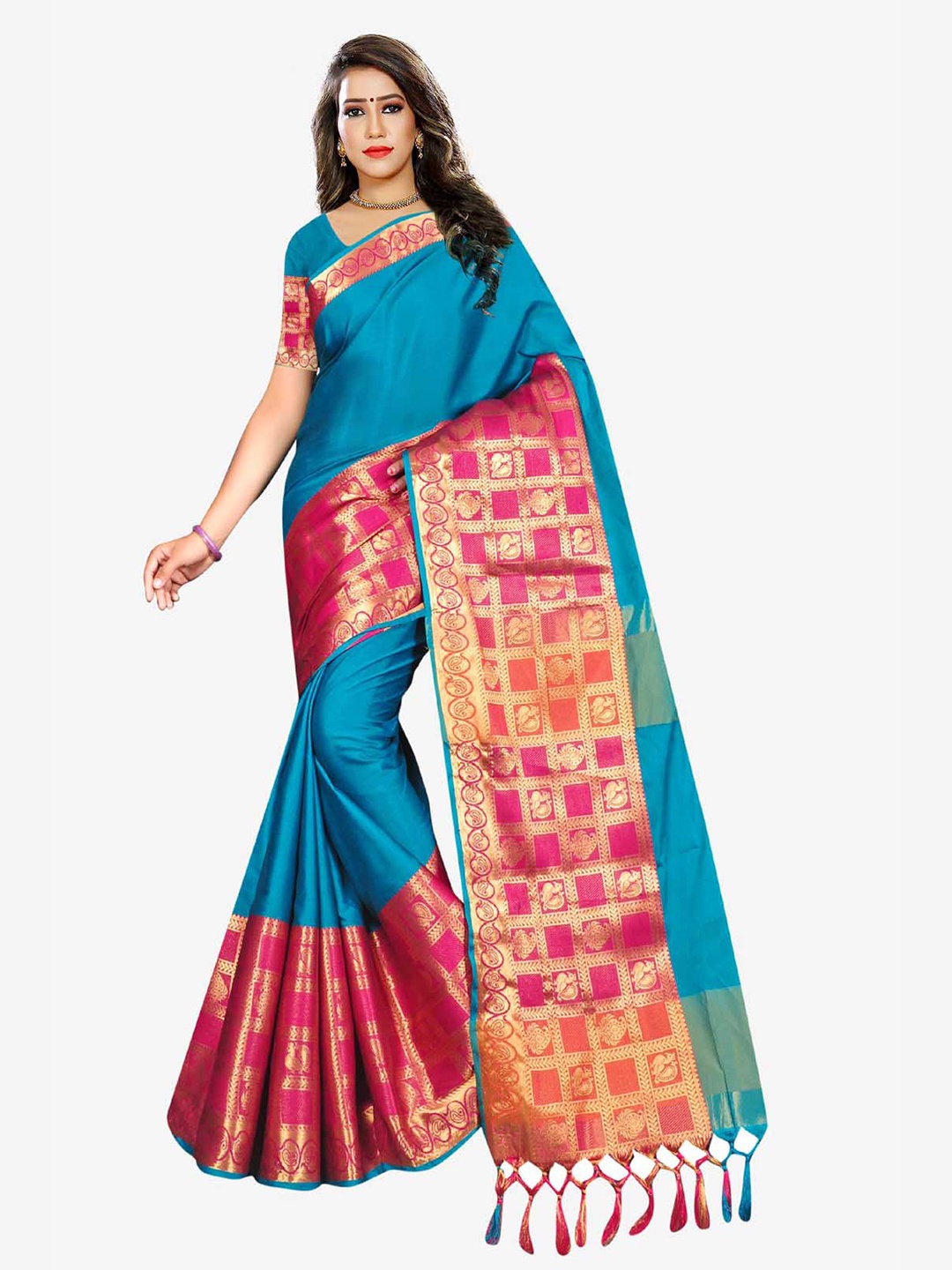 

Indian Fashionista Blue & Red Ethnic Motifs Zari Art Silk Half and Half Kasavu Saree