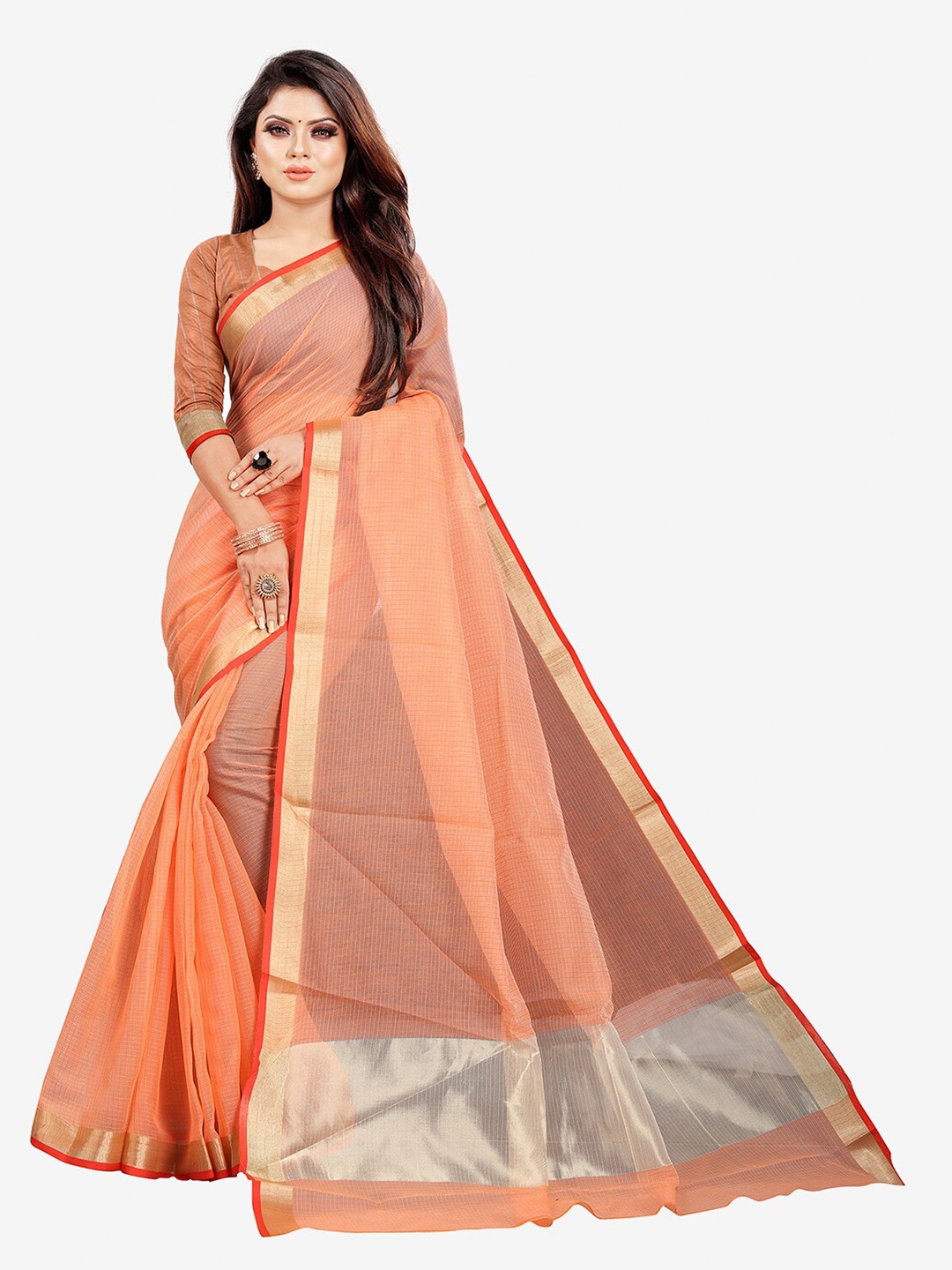 

Indian Fashionista Orange & Gold-Toned Kalamkari Zari Silk Cotton Gadwal Saree