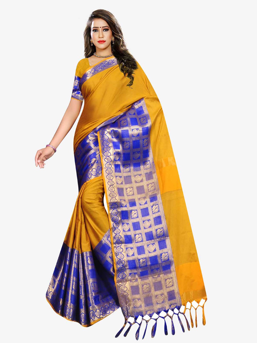 

Indian Fashionista Mustard & Blue Ethnic Motifs Zari Art Silk Half and Half Kasavu Saree