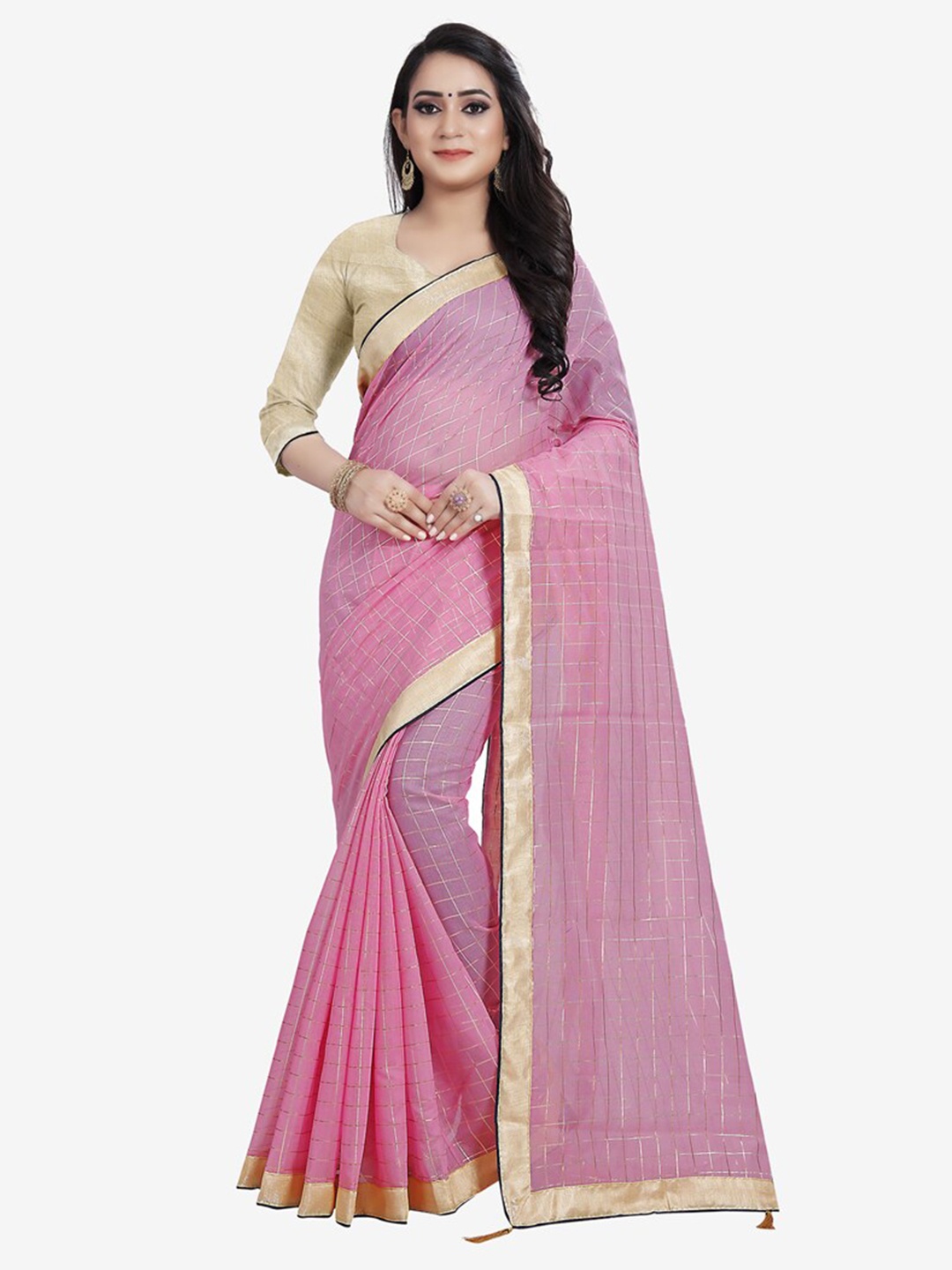 

Indian Fashionista Pink & Gold-Toned Checked Lace Saree