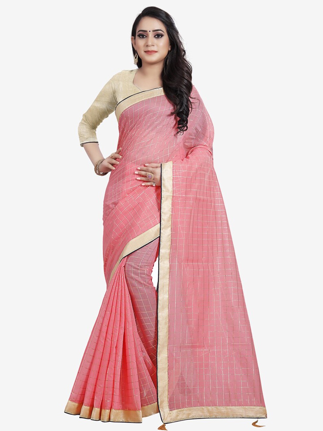 

Indian Fashionista Pink & Gold-Toned Checked Silk Cotton Saree