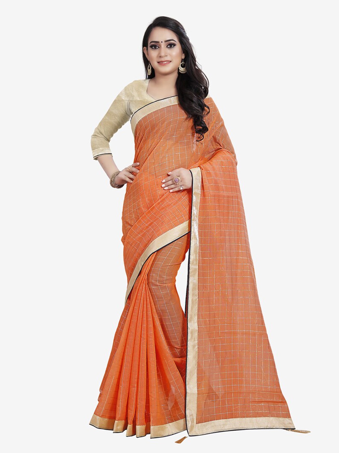 

Indian Fashionista Orange & Gold-Toned Checked Gotta Patti Lace Khadi Saree