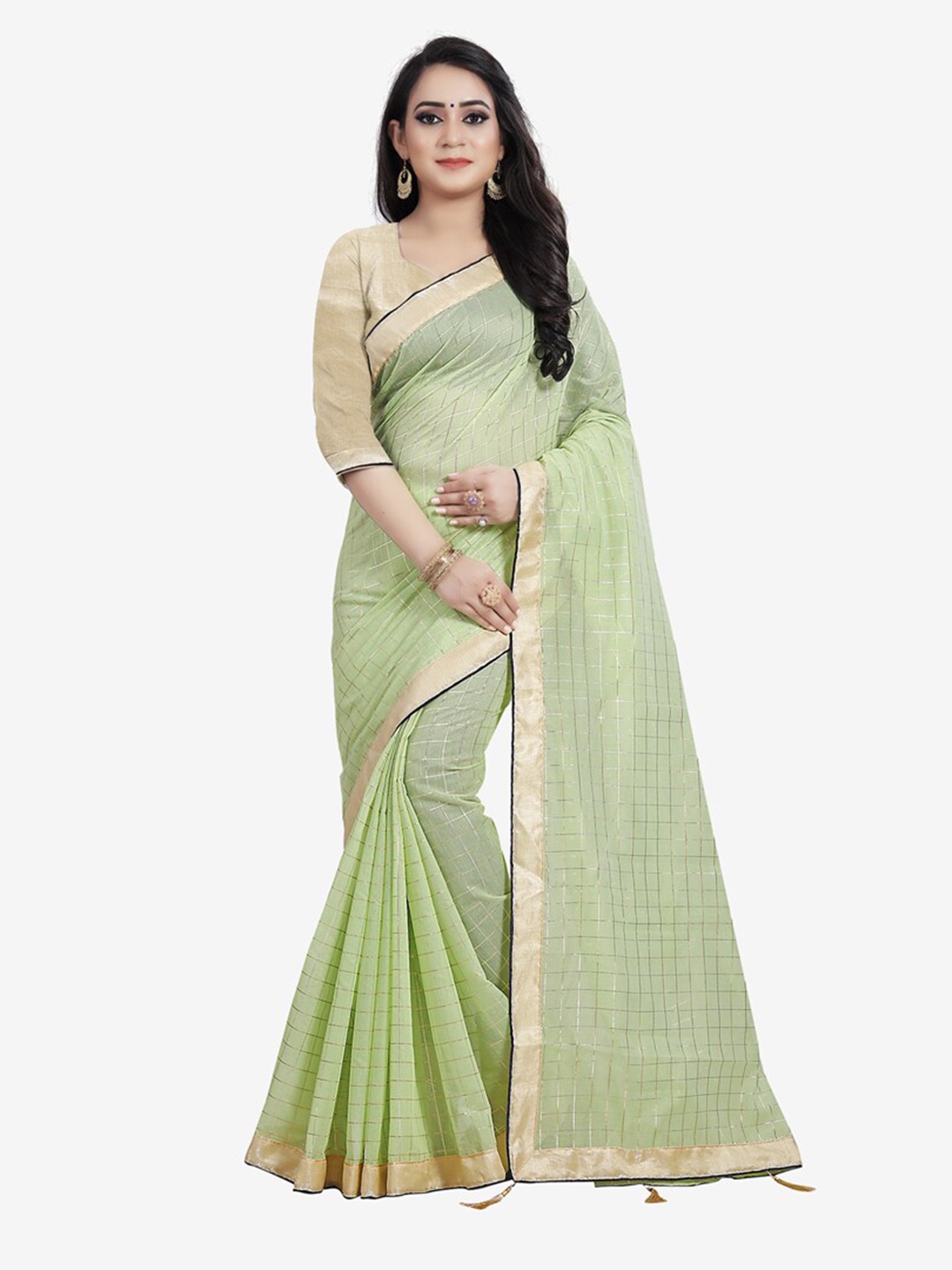 

Indian Fashionista Sea Green & Silver-Toned Checked Silk Cotton Saree