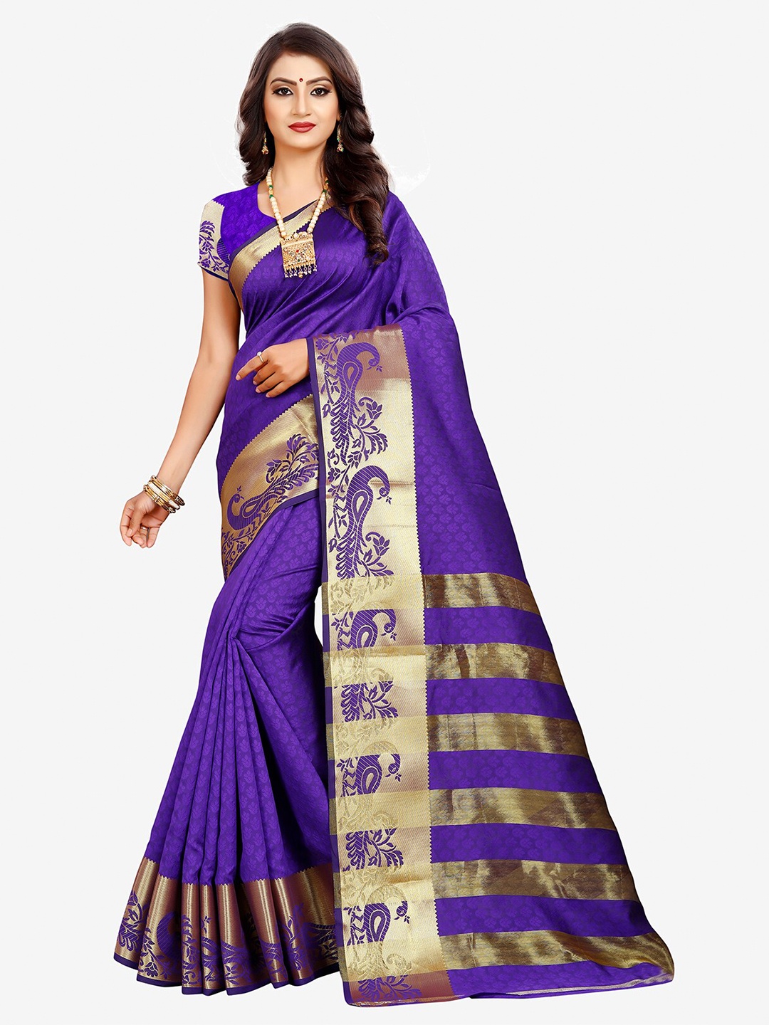 

Indian Fashionista Blue & Gold-Toned Woven Design Zari Art Silk Kasavu Saree