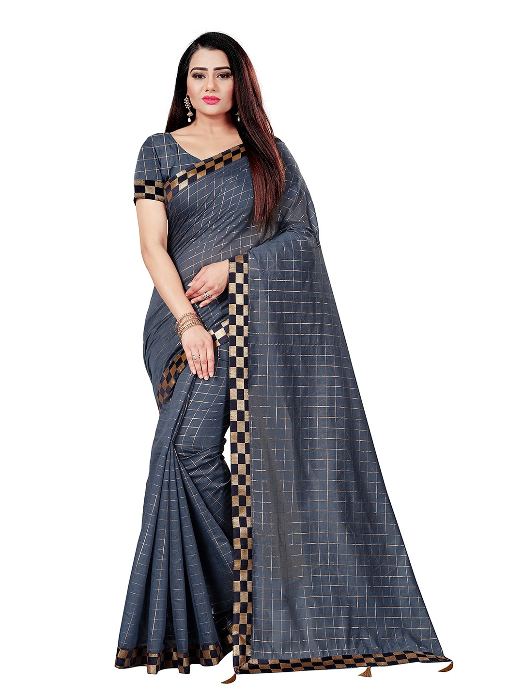 

Indian Fashionista Grey & Black Checked Zari Lace Mysore Silk Saree