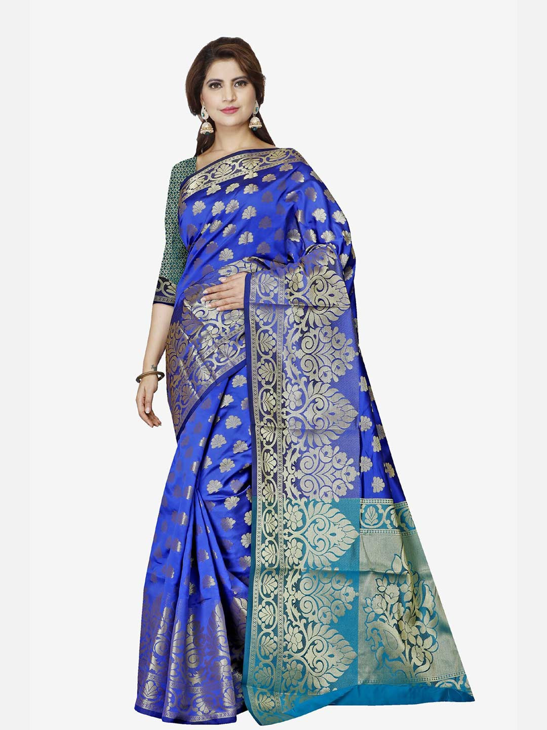 

Indian Fashionista Turquoise Blue & Blue Ethnic Motifs Zari Art Silk Banarasi Saree
