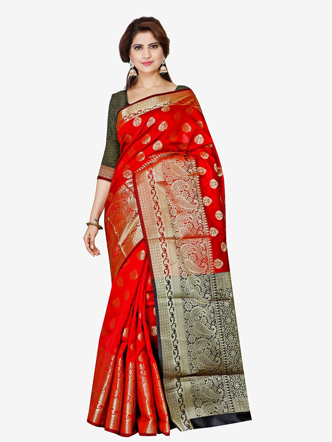 

Indian Fashionista Women Red & Black Woven Design Zari Art Silk Banarasi Saree