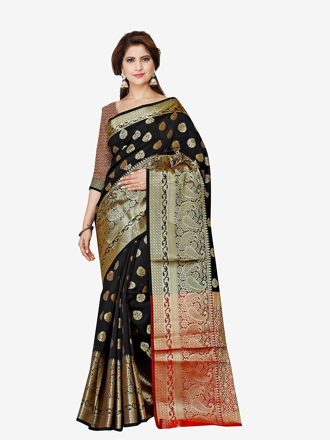 

Indian Fashionista Black & Red Woven Design Zari Art Silk Banarasi Saree