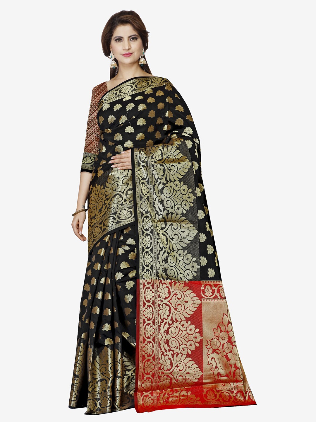 

Indian Fashionista Black & Red Woven Design Zari Art Silk Maheshwari Saree