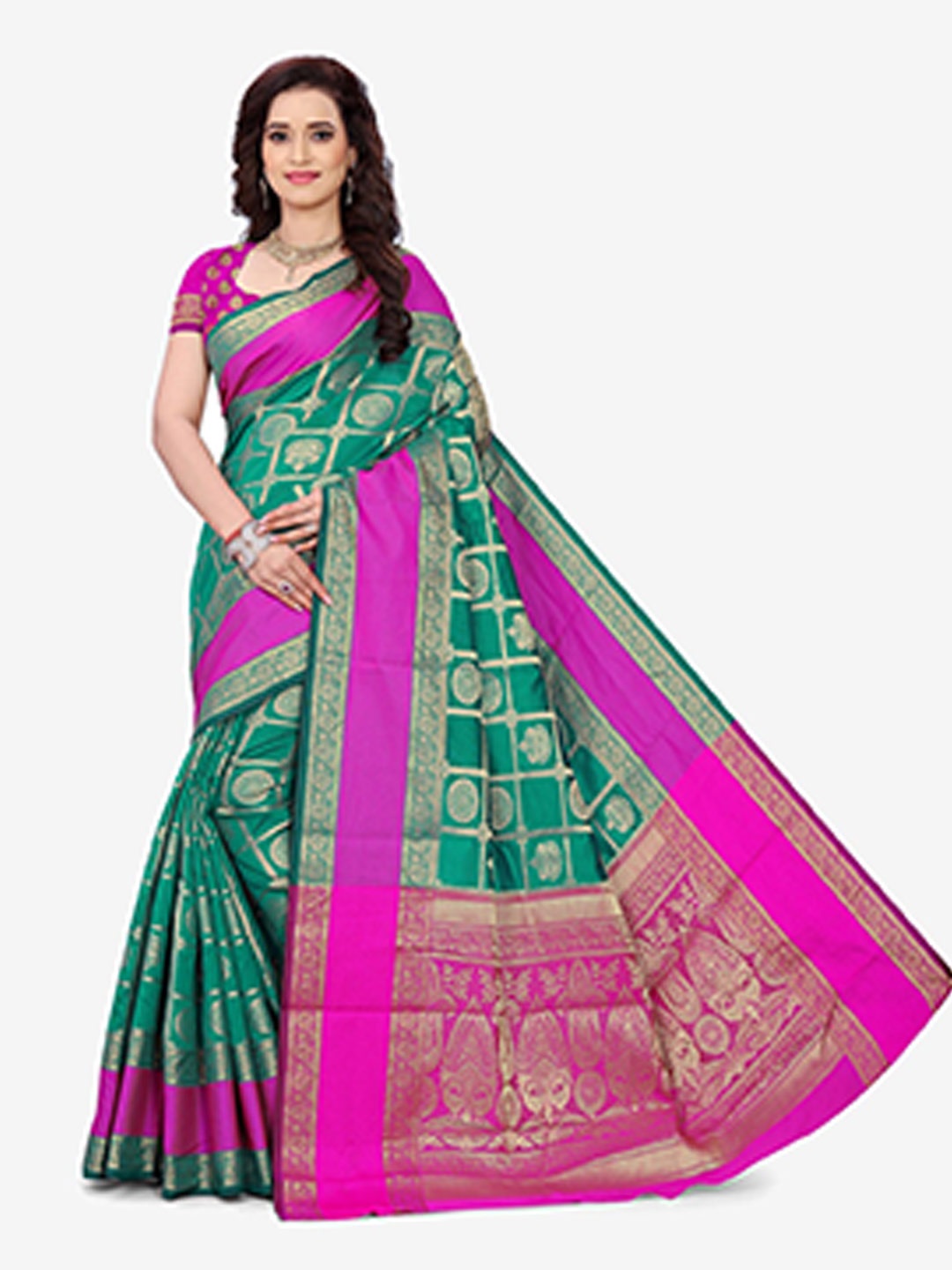 

Indian Fashionista Sea Green & Gold-Toned Ethnic Motifs Zari Art Silk Banarasi Saree