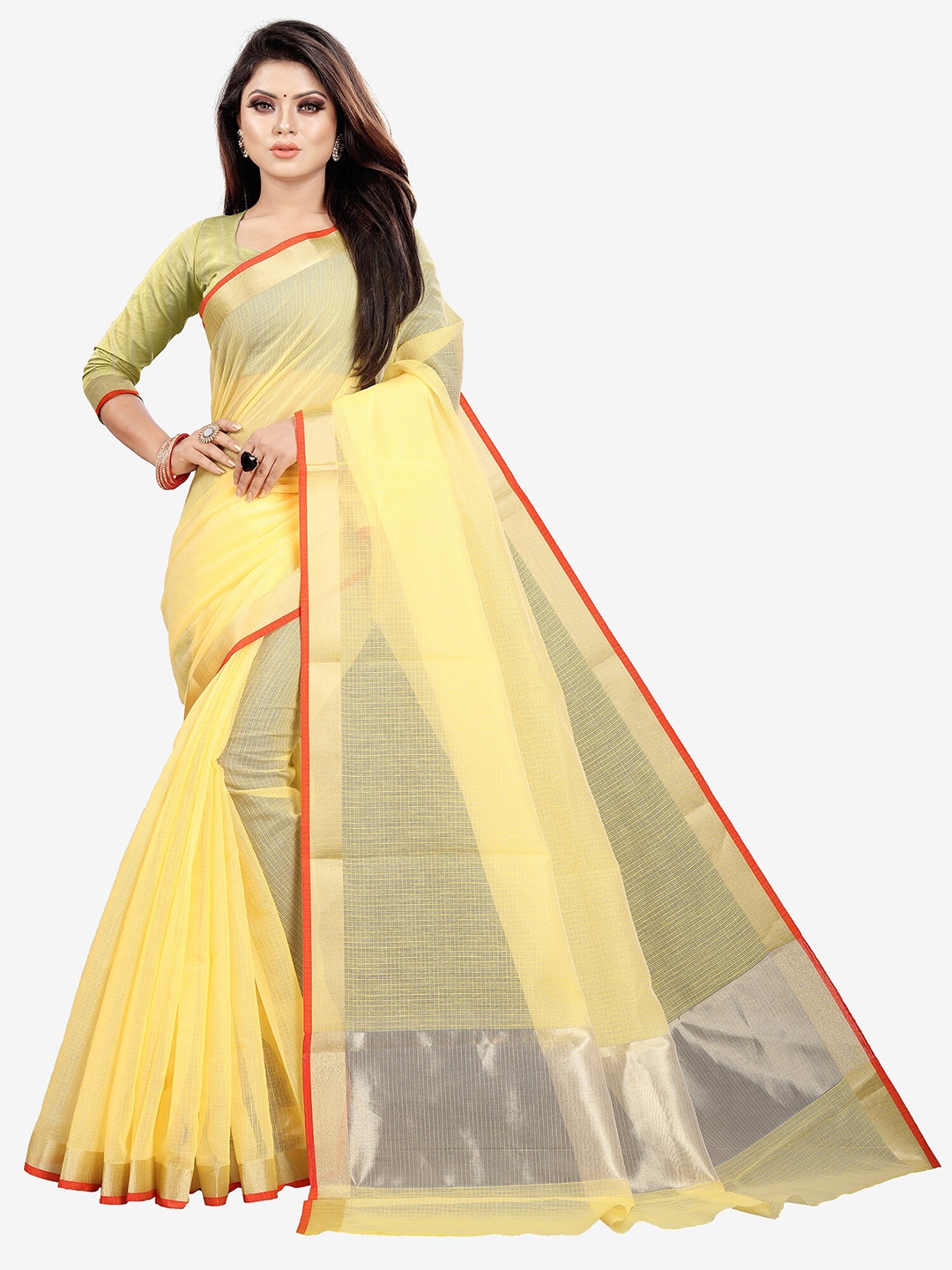 

Indian Fashionista Yellow & Silver-Toned Zari Silk Cotton Gadwal Saree