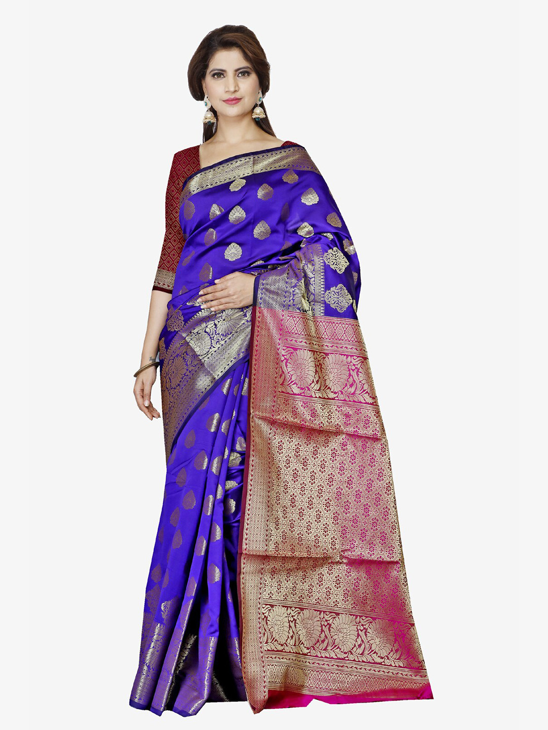

Indian Fashionista Blue & Pink Woven Design Zari Art Silk Maheshwari Saree