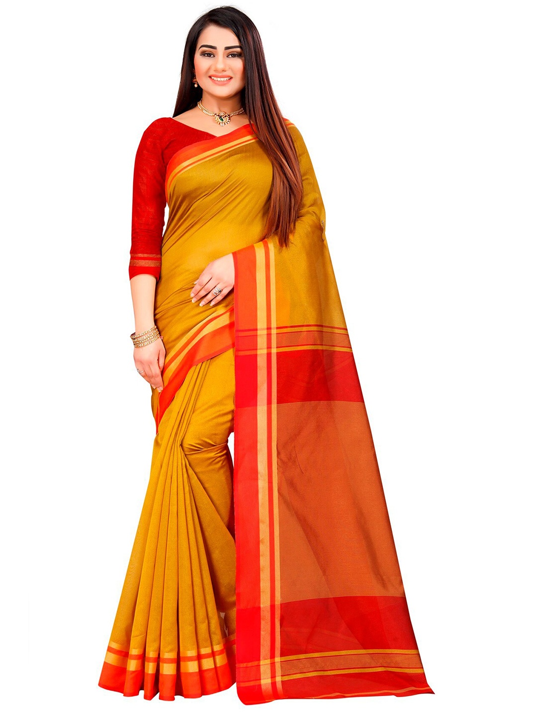 

Indian Fashionista Mustard & Red Silk Cotton Chanderi Saree