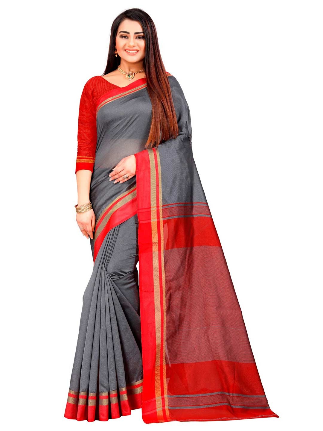 

Indian Fashionista Grey & Red Silk Cotton Chanderi Saree