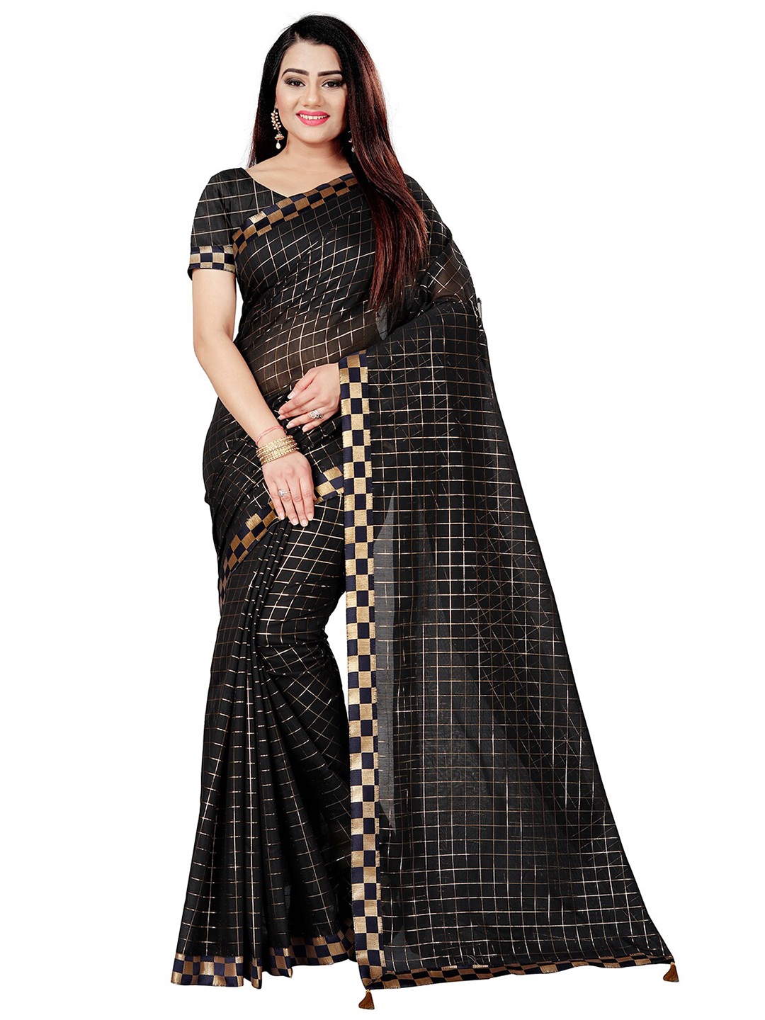 

Indian Fashionista Black & Gold-Toned Checked Silk Cotton Saree