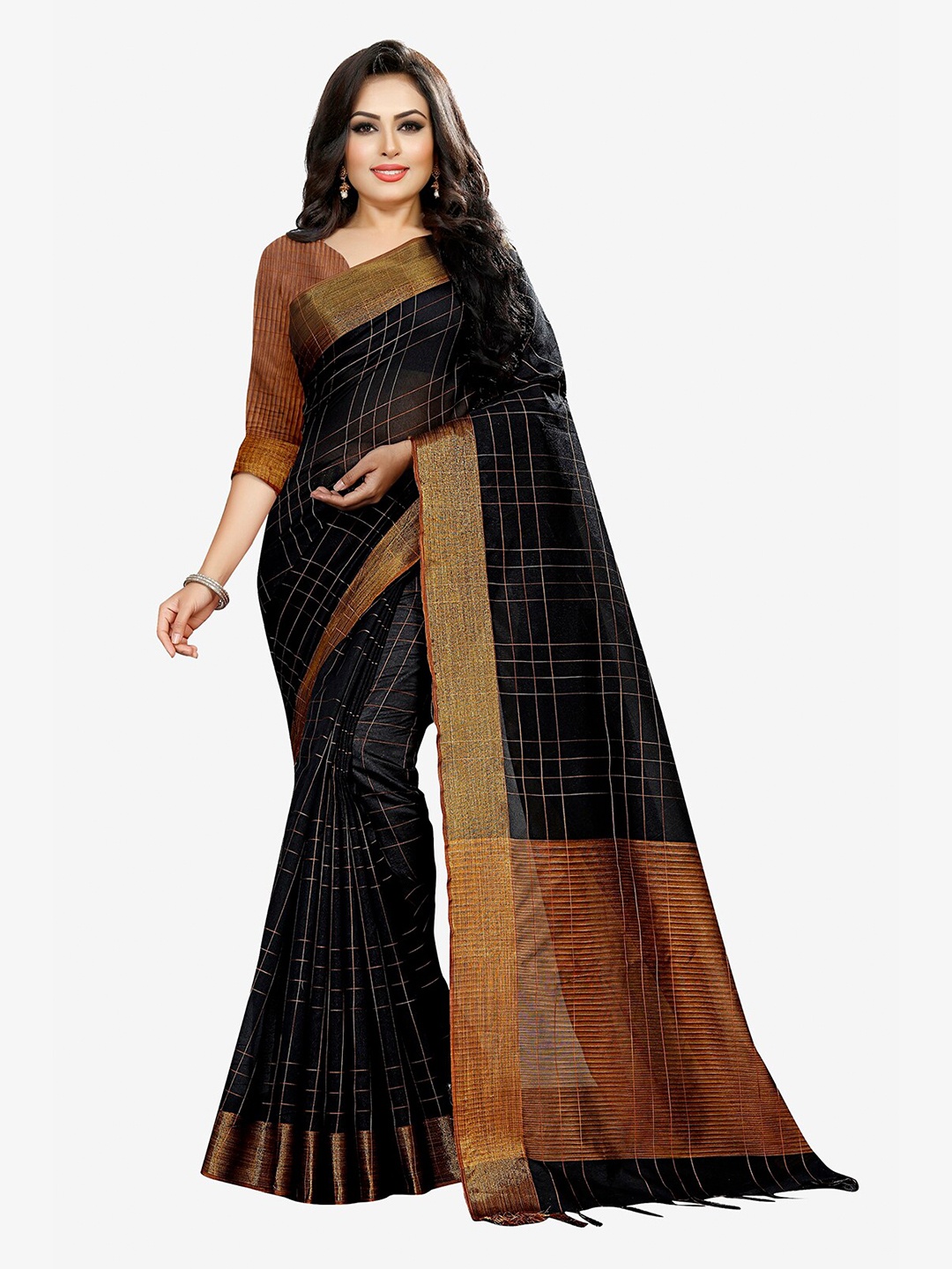 

Indian Fashionista Black & Gold-Toned Checked Zari Chanderi Silk Cotton Saree