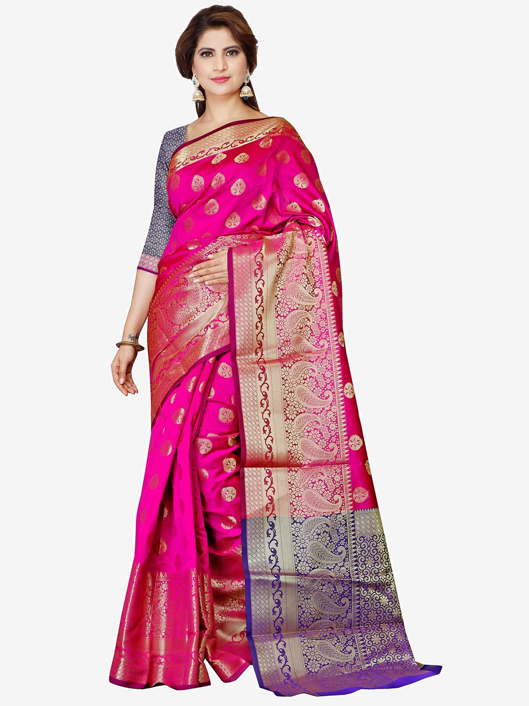 

Indian Fashionista Pink & Blue Ethnic Motifs Zari Art Silk Banarasi Saree