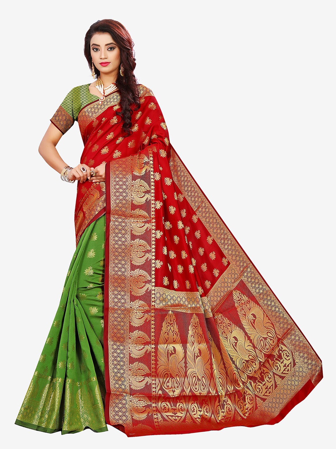 

Indian Fashionista Red & Green Paisley Zari Art Silk Banarasi Saree