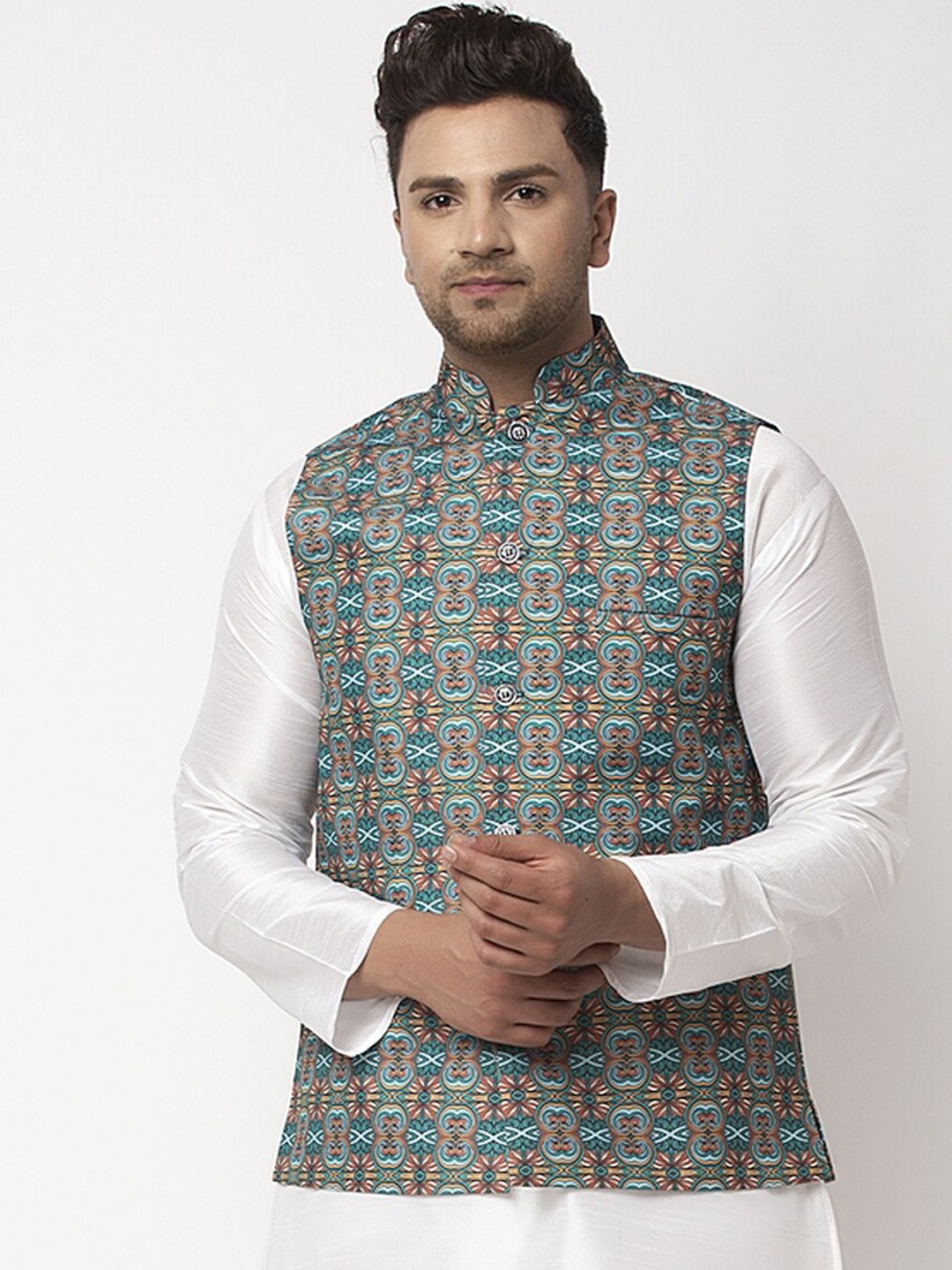 

Benstoke Men Teal Printed Woven Nehru Jackets