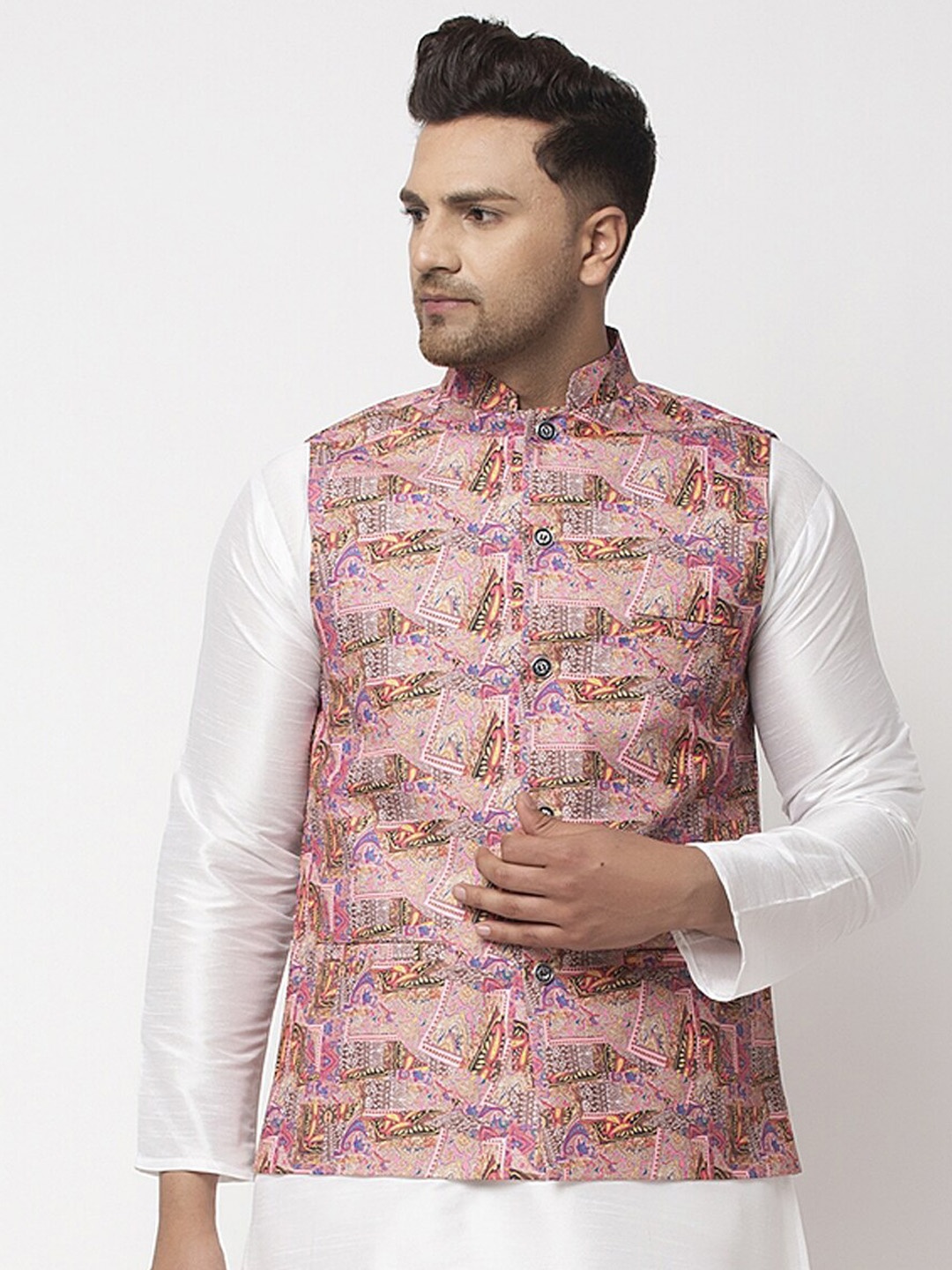 

Benstoke Men Pink & Purple Printed Nehru Jacket