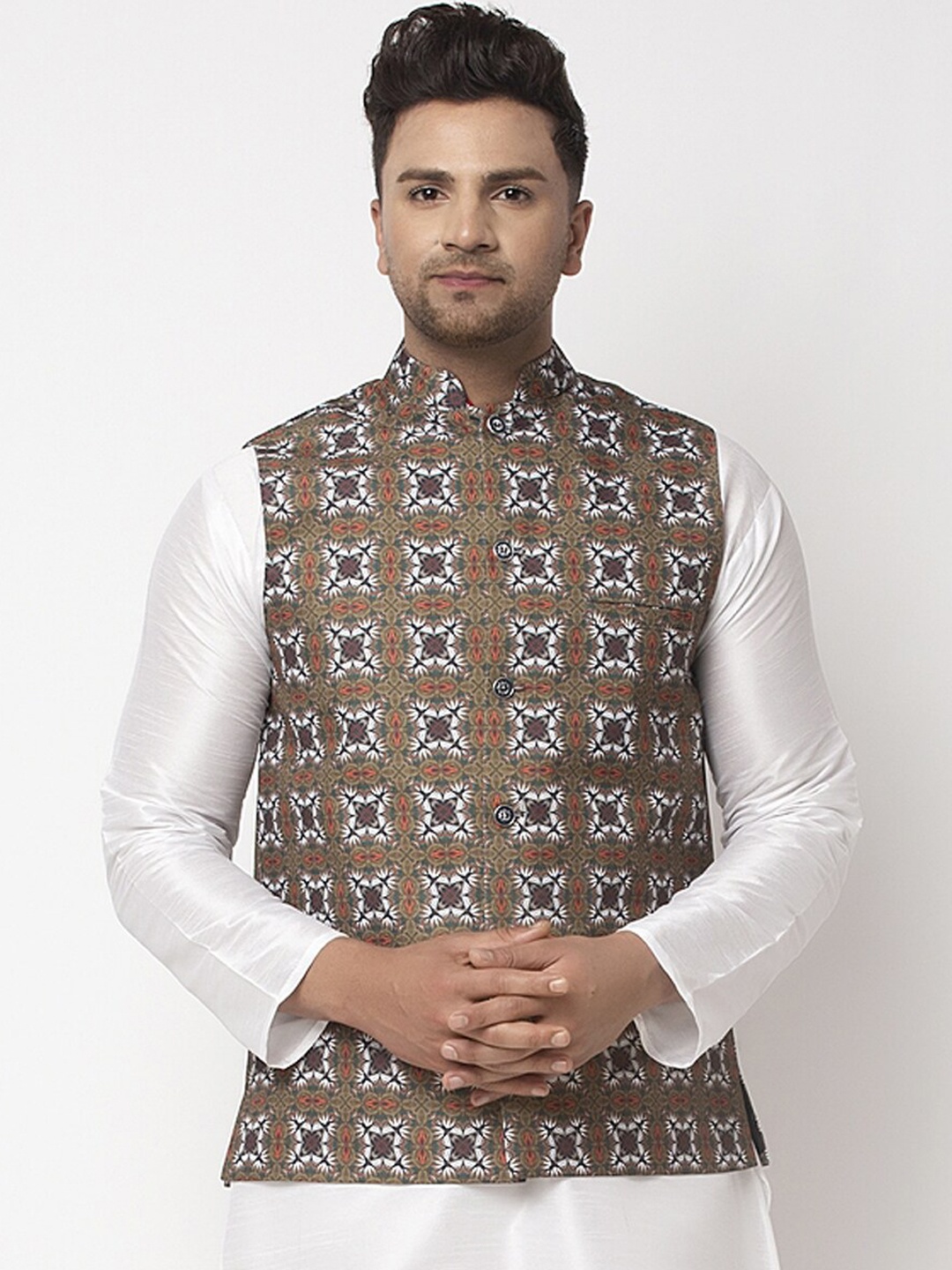 

Benstoke Men Olive Green & White Printed Woven Nehru Jacket