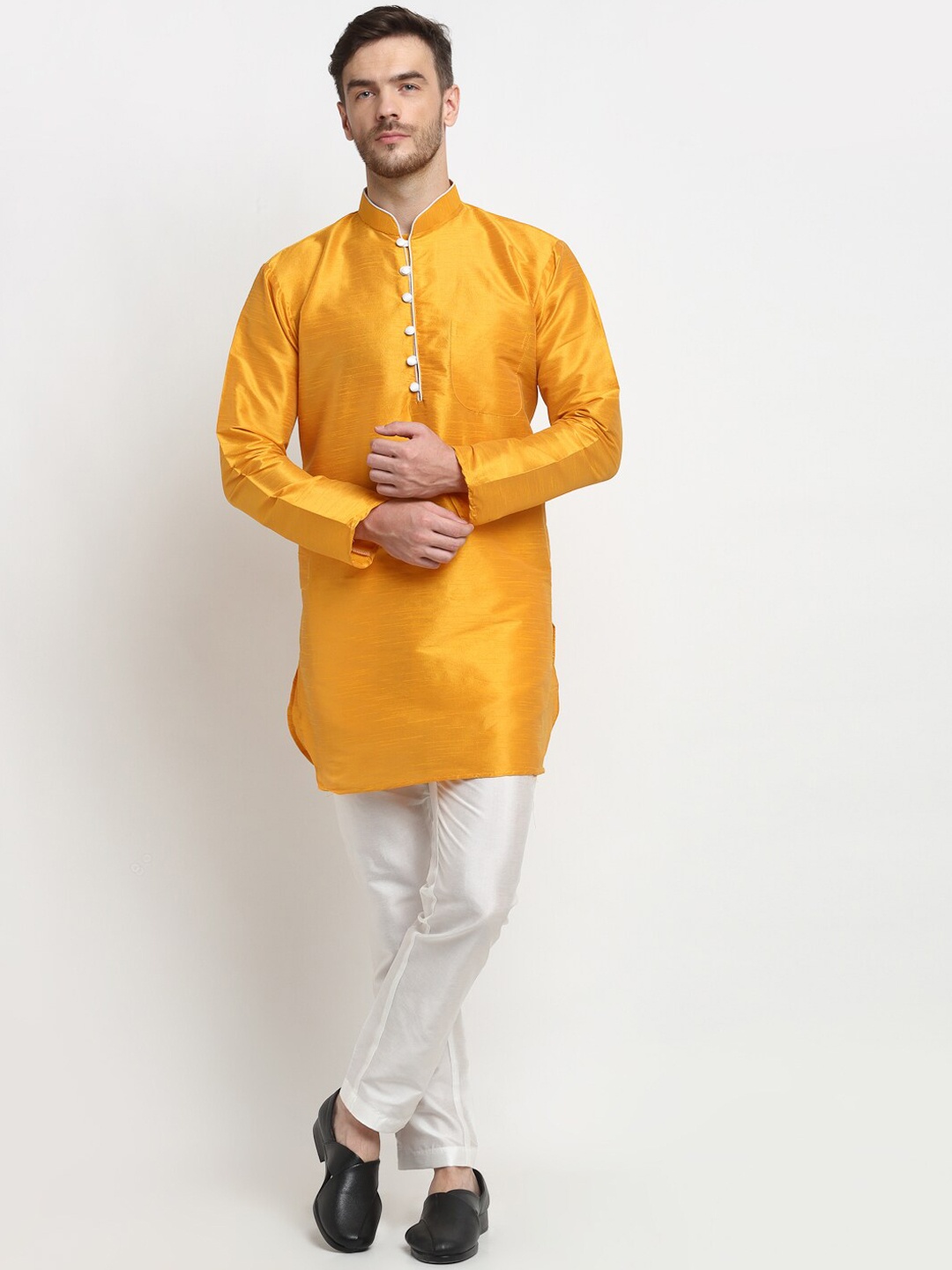 

Benstoke Men Yellow & White Solid Kurta with Trousers
