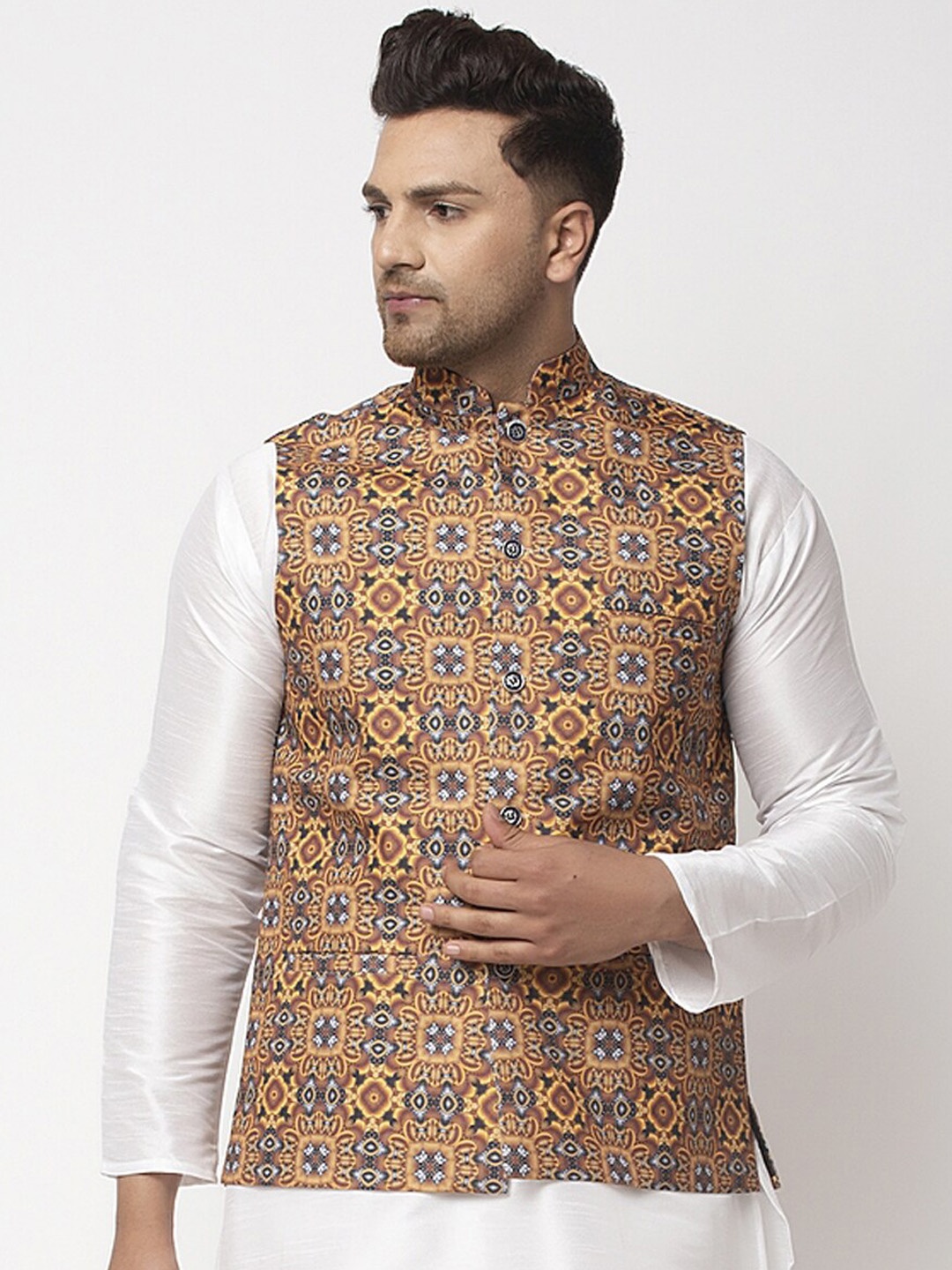 

Benstoke Men Mustard Yellow & Charcoal Grey Printed Woven Nehru Jacket