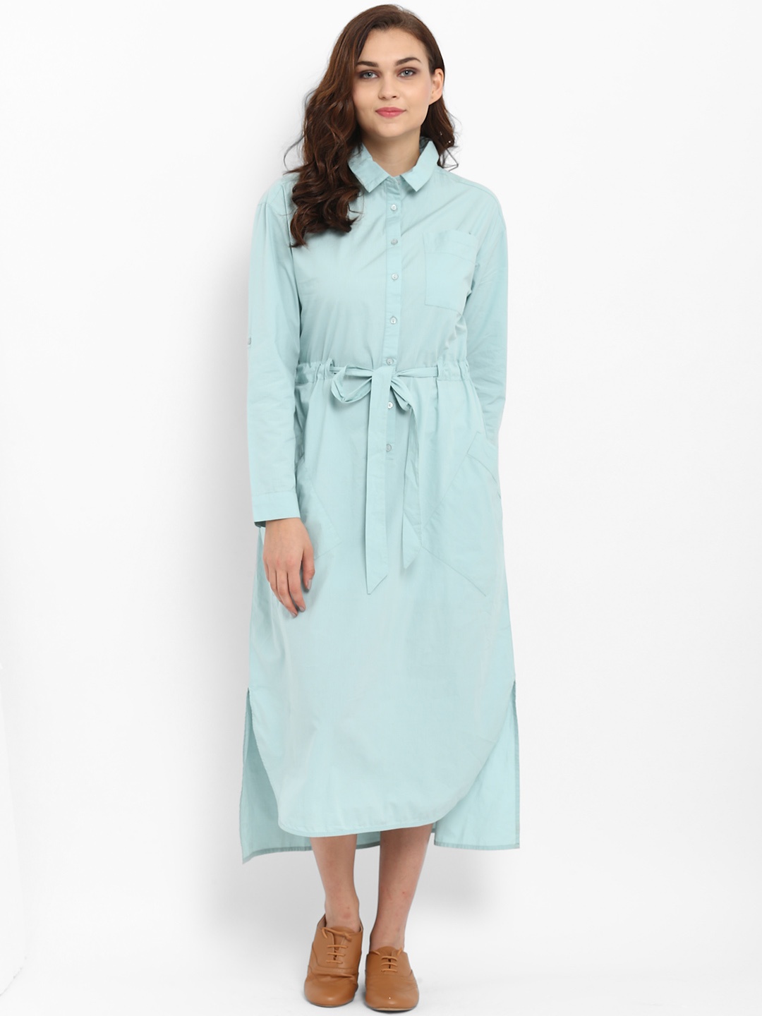 

Athah Green Cotton Front Placket Shift Dress with Belt