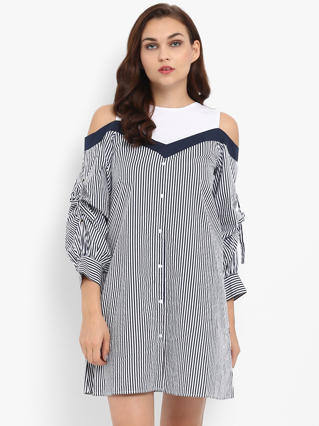 

Athah Women Blue & White Striped Cold Shoulder A-Line Dress